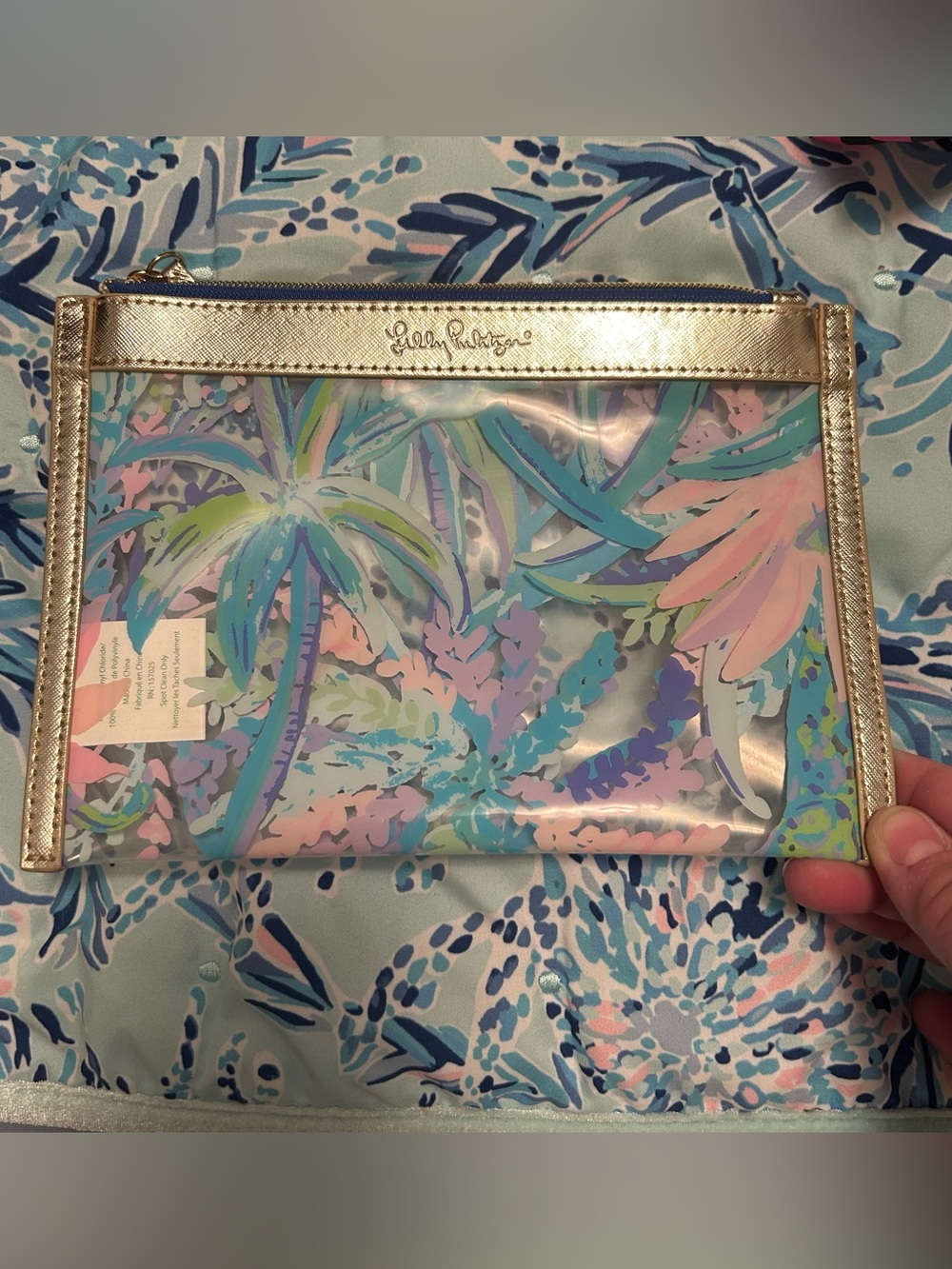 Lilly Pulitzer Clear Cosmetic Bag Pouch Sweet Escape Palm Print Gold Trim 8"x6"